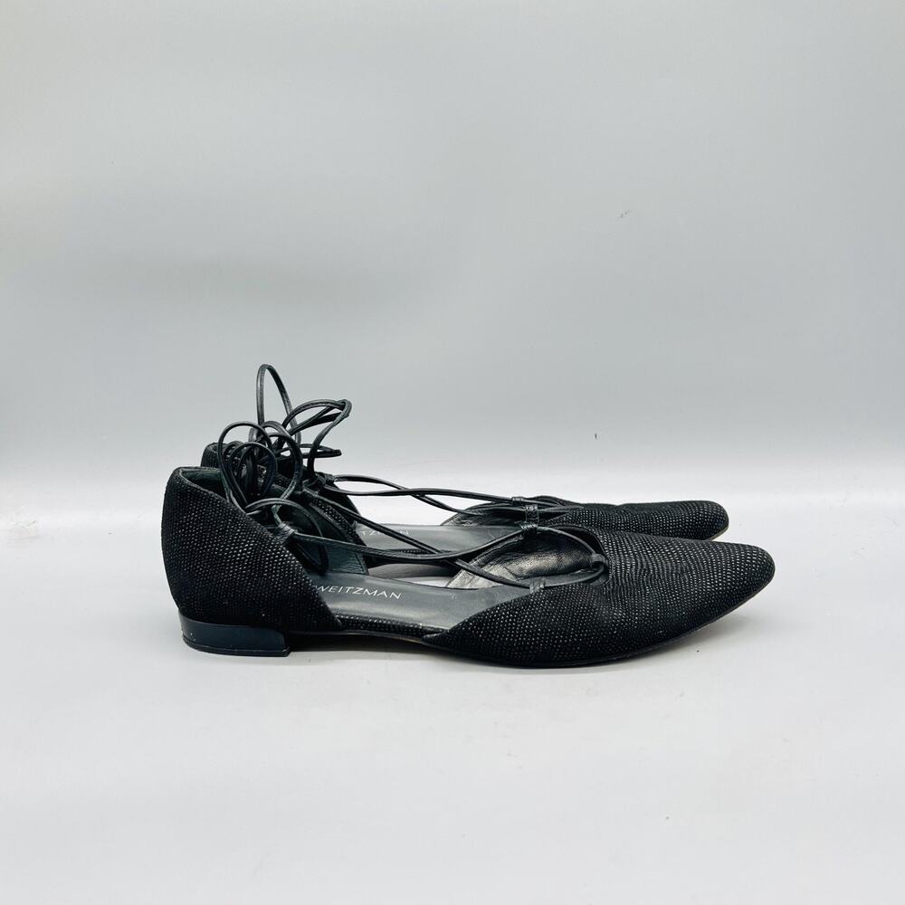 Stuart Weitzman Shoes Womens 8.5 Black Suede Lace Up Ballet Flats Pointed Toe